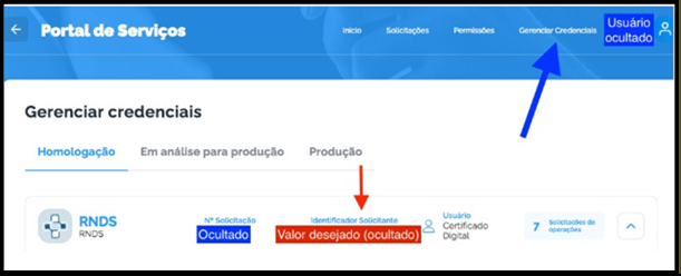 Tela de gerenciamento de credencial