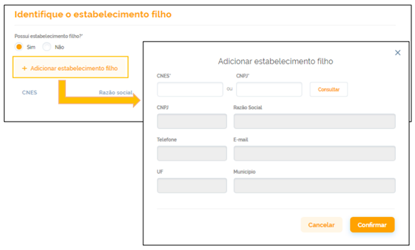 Tela de cadastro e identificação de estabelecimentos filhos